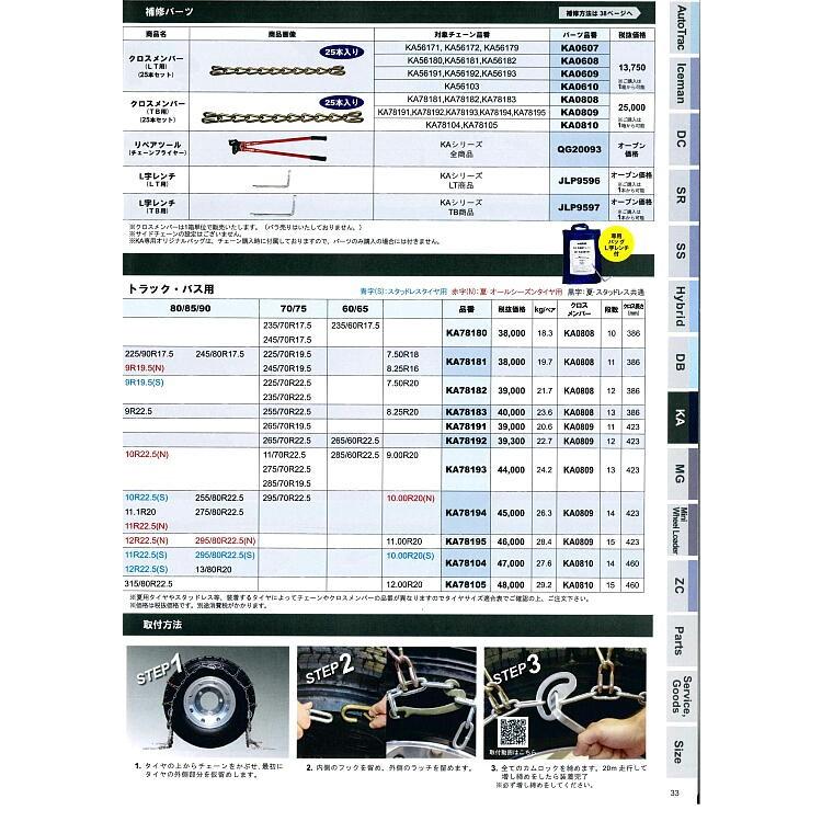合金鋼チェーン KA78181(36601008)大型（８トン超）用 2ペア 主な適合サイズ 245/70R 19.5 タイヤチェーン SCCJAPANの画像