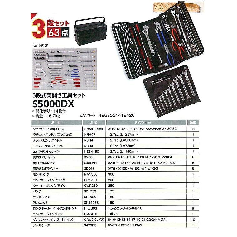 プロ用両開き工具セット（3段式）S5000DX 1組 デラックスタイプ 機械 