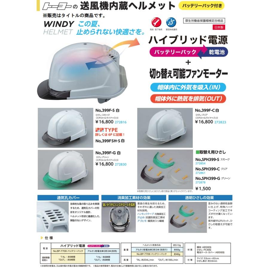 トーヨー No.399F-S 送風機内蔵ヘルメット WINDY HELMET 白 ひさし
