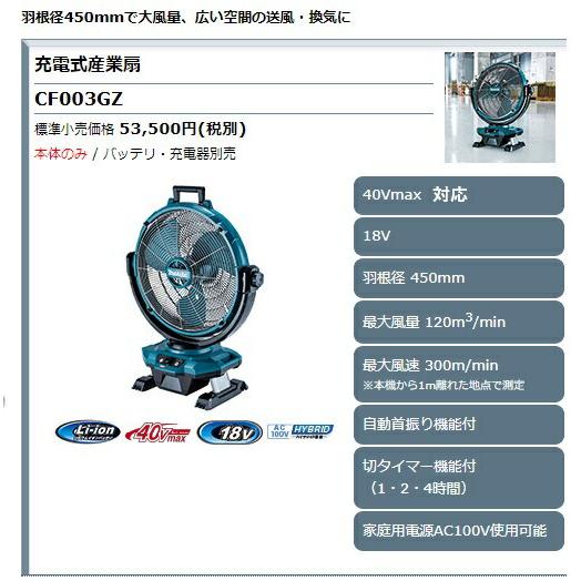 (マキタ) 充電式産業扇 CF003GZ 本体のみ 羽根径450mm 自動首振機能付 家庭用電源AC100V使用可能 40Vmax対応 makita 大型商品 マキタ（makita） 充電式産業扇 CF003GZ 本体のみ 羽根径450mm 自動首