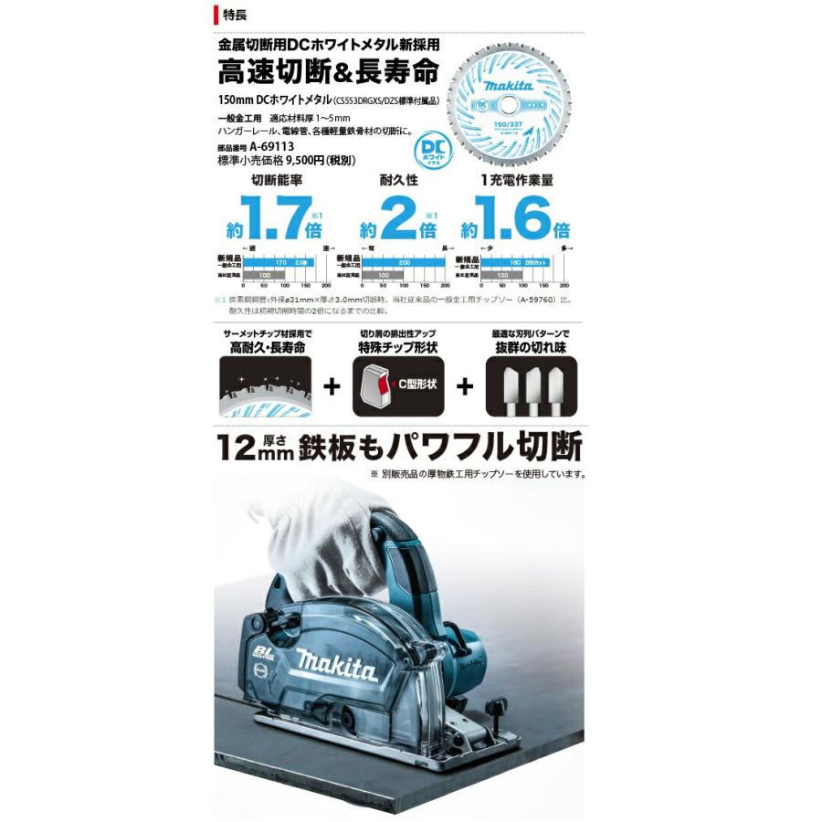 マキタ 150mm充電式チップソーカッタ CS553DZS+バッテリBL1830B+ マキタ 150mm充電式チップソーカッタ CS553DZS+バッテリBL1830B+