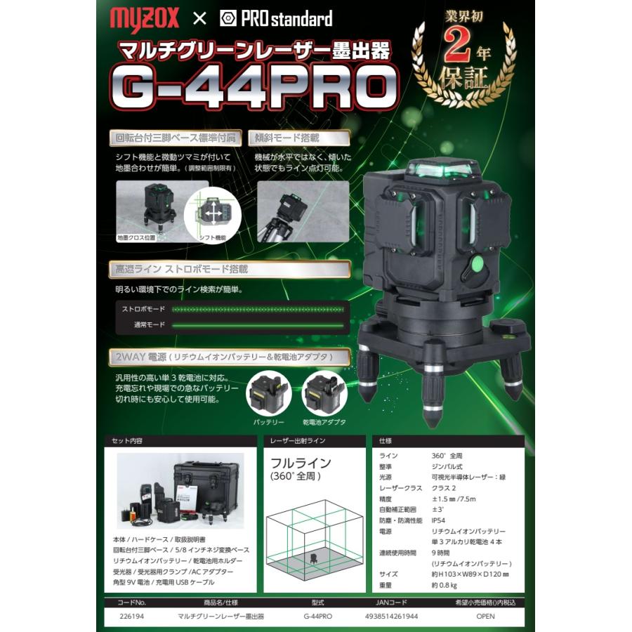 MYZOXxPROstandard G-44PRO マルチグリーンレーザー墨出器 三脚なし