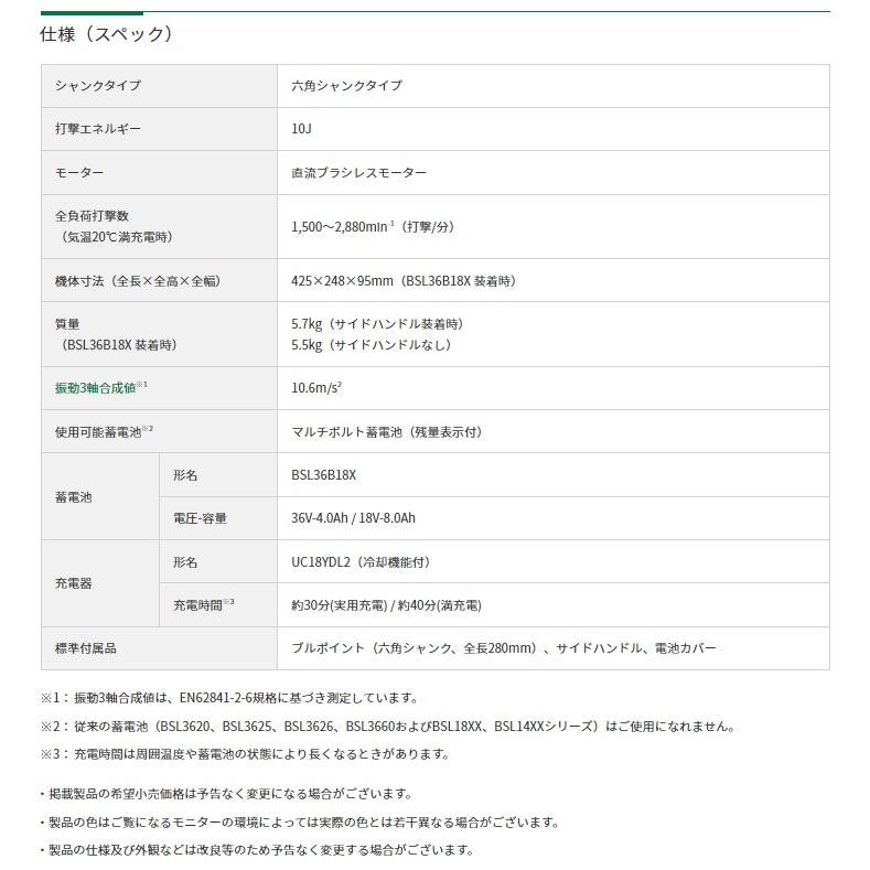 HiKOKI コードレスハンマ ケース付 H3641DB(NNK)+バッテリBSL36A18X+充電器UC18YDL2付 36V対応 日立 ハイコーキ 当店オリジナルセットの画像