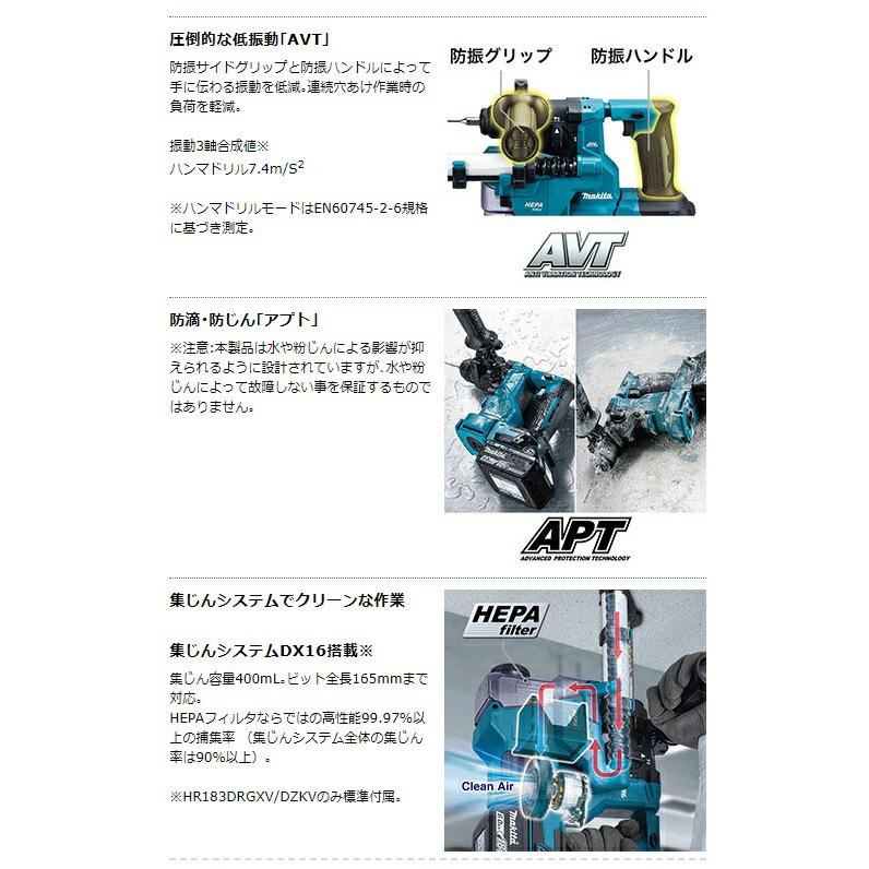 マキタ（makita） 18mm 充電式ハンマドリル HR183DZK 集じんシステム