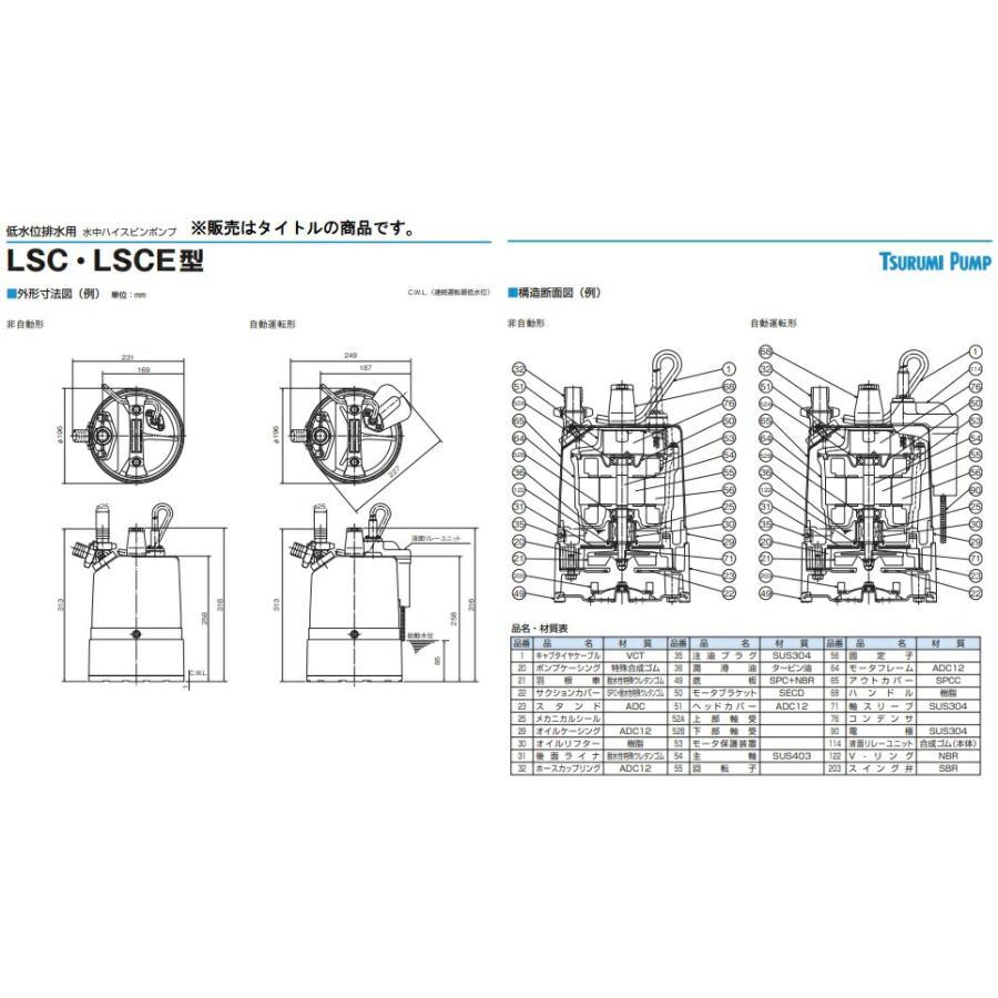 ツルミポンプ 水中ハイスピンポンプ 非自動型 LSC1.4S 60Hz 低水位排水