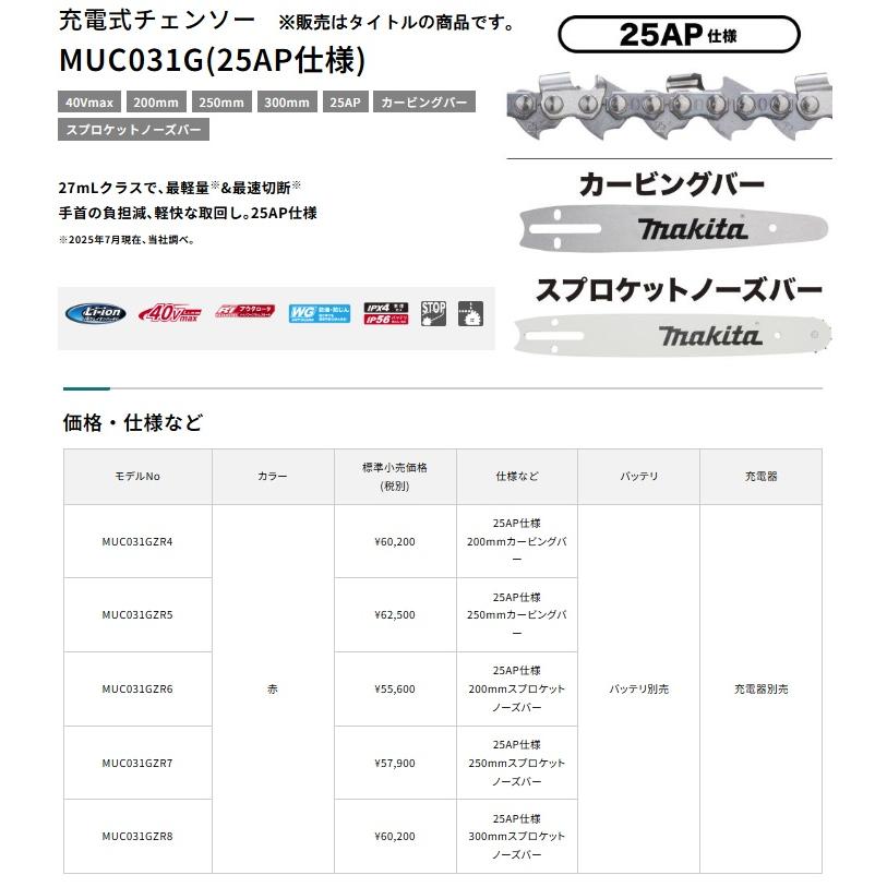 マキタ（makita） MUC031GZR7 充電式チェンソー 赤 本体+M250A 250mm