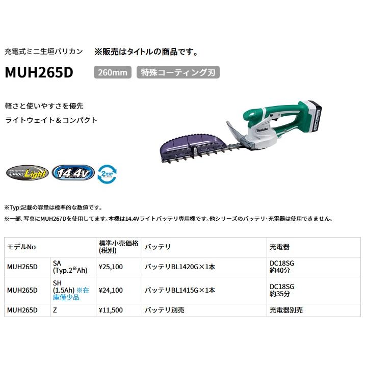 マキタ（makita） 充電式ミニ生垣バリカン MUH265DSA バッテリBL1420G+ 