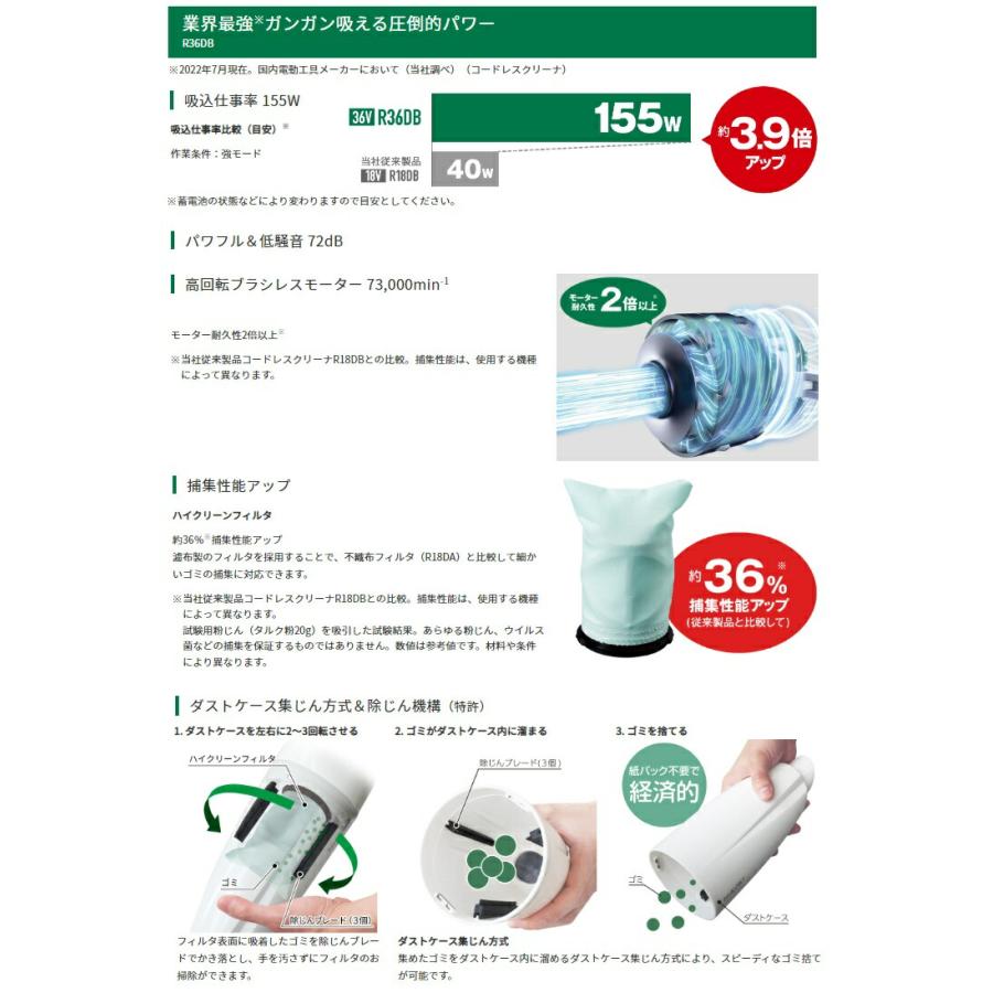 HiKOKI コードレスクリーナ ペールホワイト R36DB(NN)+バッテリBSL36A18BX+充電器UC18YDL2付 日立 ハイコーキ 当店オリジナルセット品の画像