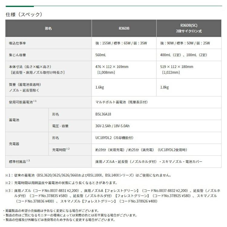 HiKOKI コードレスクリーナ  2段サイクロン式 ホワイト R36DB(SC)(NN)+BSL36A18BX+UC18YDL2付 日立 ハイコーキ 当店オリジナルセット品の画像