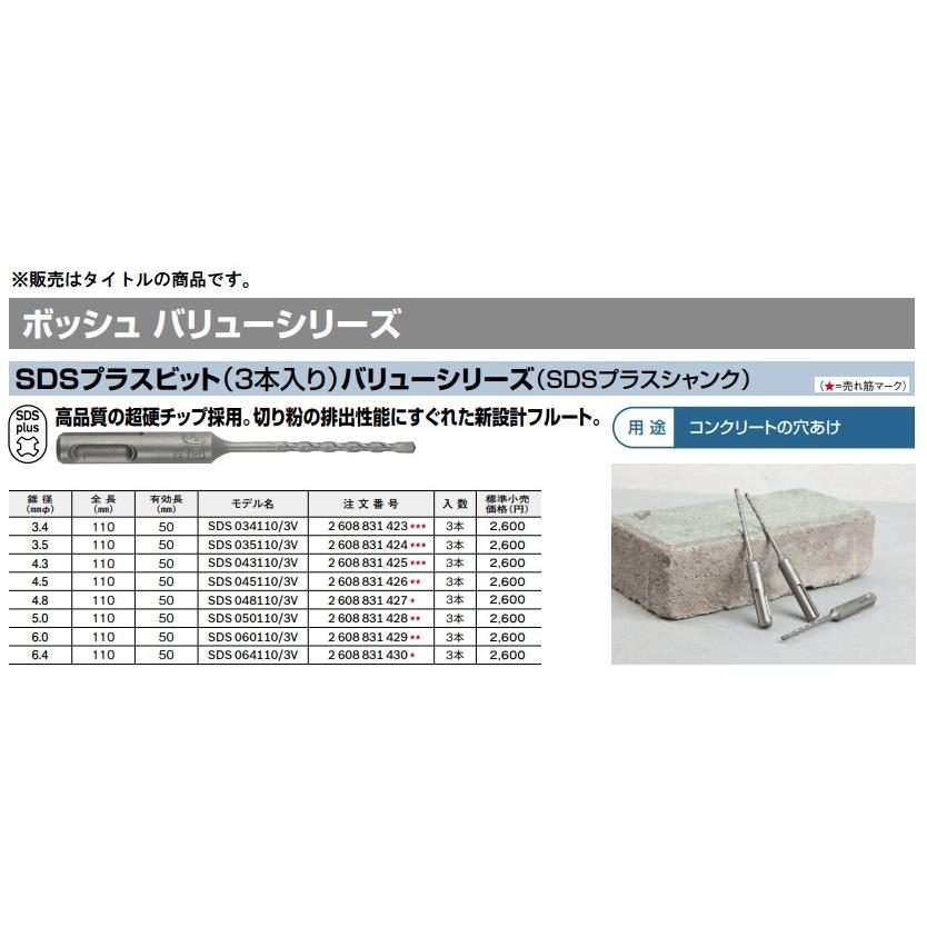 BOSCH（ボッシュ） SDS045110/3V SDSプラスビット 3本入 錐径4.5mmφ