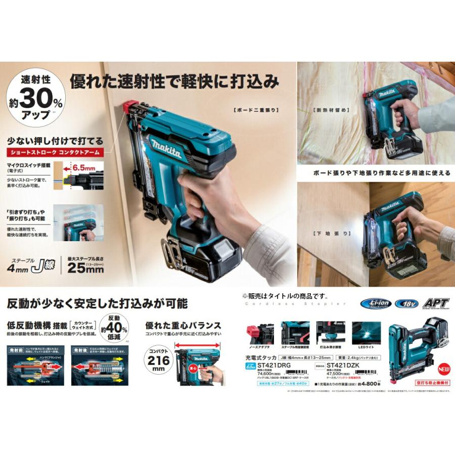 マキタ (マキタ) 充電式タッカ ST421DRG バッテリBL1860B+充電器 マキタ (マキタ) 充電式タッカ ST421DRG バッテリBL1860B+充電器