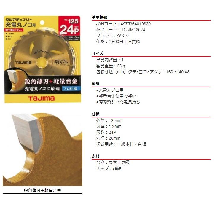 在庫 ネコポス可 タジマ チップソー TC-JM12524 充電丸ノコ用 125-24P 外径125mm 刃厚1.2mm 刃数24P TAJIMA TJMデザイン 019820 :TC-JM12524:ツールキング - 通販 - Yahoo!ショッピング 在庫 ネコポス可 タジマ チップソー TC-JM12524 充電丸ノコ用 125-24P 外径125mm 刃厚1.2mm 刃数24P TAJIMA TJMデザイン 019820 :TC-JM12524:ツールキング - 通販 - Yahoo!ショッピング