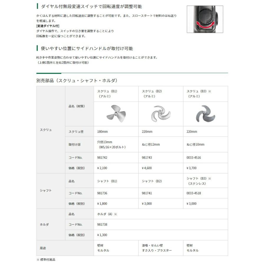 HiKOKI かくはん機 UM22V スクリュ径220mm 低速高トルク形 HiKOKI かくはん機 UM22V スクリュ径220mm 低速高トルク形