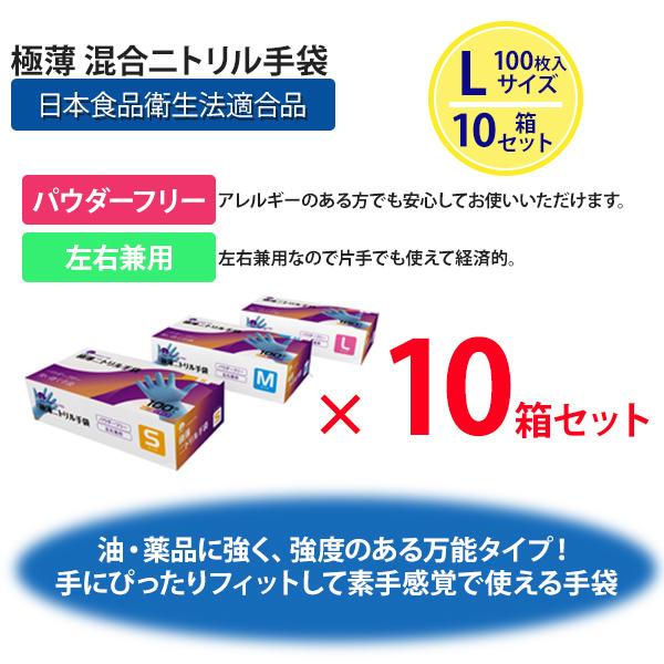 ニトリル手袋 極薄 パウダーフリー 100枚 食品衛生法適合 Lサイズ 10箱セット