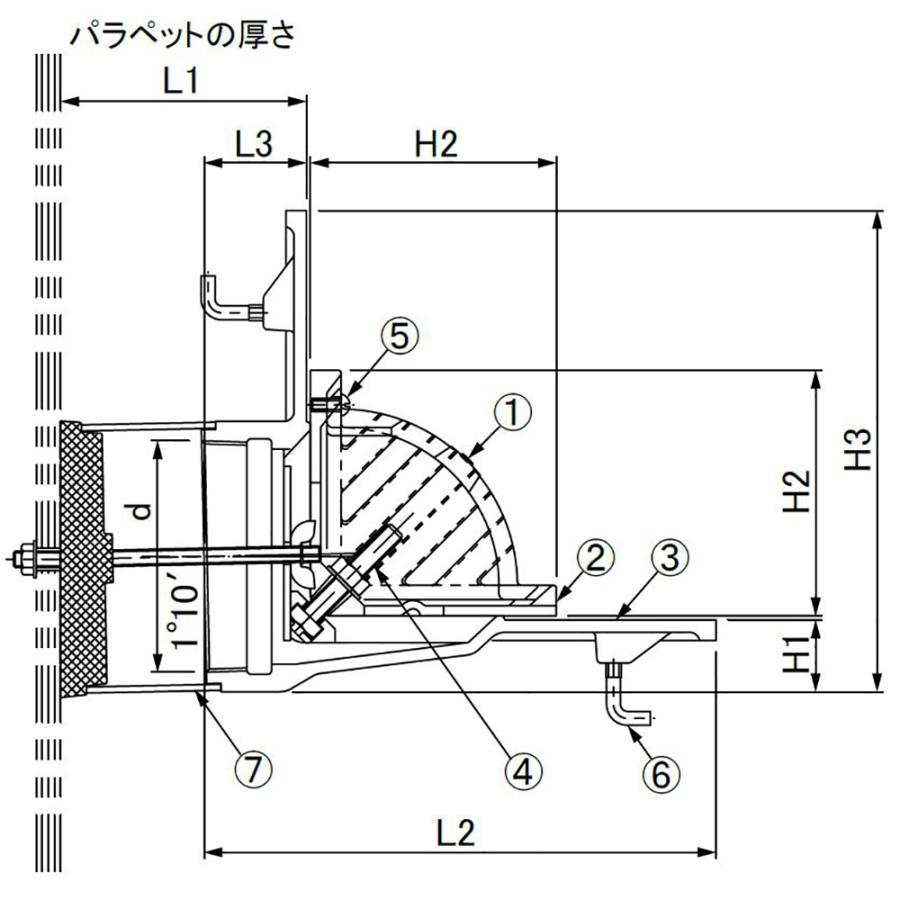 kinoko　805040引き出し　向かって天板金網左側引き出し部防水板 ルーフドレイン よこ口 ねじ込式 寸法 100 打込型 アスファルト