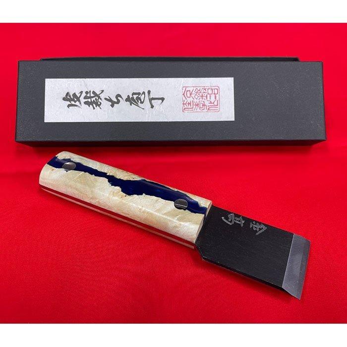 金高 皮裁ち包丁 36ｍｍ幅 K-0034 青紙2号鋼 メープルウッド/ブルー樹脂 Leather Knife 一品物｜toolstakumi