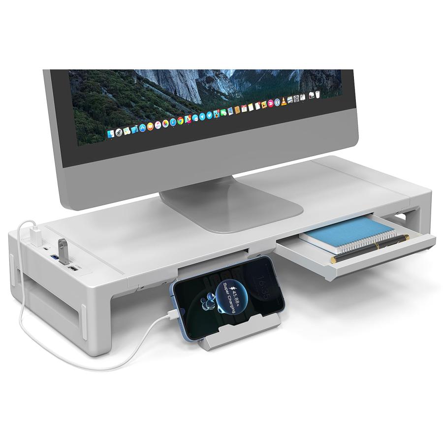 EAYHMモニター 台 卓上 USBドッキング付き PC 机上 台 USB/TYPE-C急速充電対応 折りたたみ可能 パソコンスタンド 引き出しとスマホホルダー付き パソ（Yahoo!・トーレ2号店）