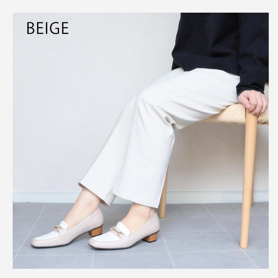 日本製 HS ローファー パンプス ベージュ ブラック 3cm ヒール3センチ