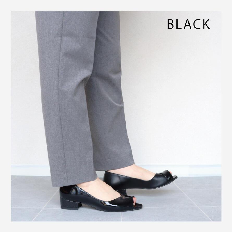 【日本製】 HS パイソン ヒール オープントゥ パンプス 痛くない 幅広 甲高 ヒール 3E 相当 エナメル ブラック ローヒール 敬老の日 |  | 11