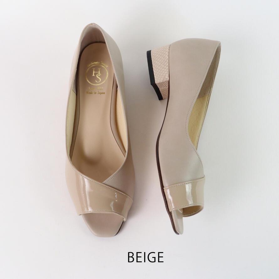 【日本製】 HS パイソン ヒール オープントゥ パンプス 痛くない 幅広 甲高 ヒール 3E 相当 エナメル ブラック ローヒール 敬老の日 |  | 13