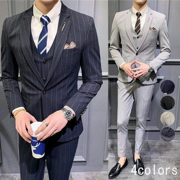 直販値下げ メンズ スーツ カジュアルスーツ フォーマル 結婚式 通勤 披露宴 紳士服 3ピーススーツ スリーピース ビジネススーツ スリーピース セットアップ ストライプ カジュアルスーツ 3点セット 通勤 Shina Topshopping 新品完璧 の