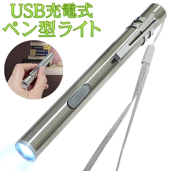 懐中電灯 ペン型 ハンディライト USB充電 クリップ・ストラップ付属