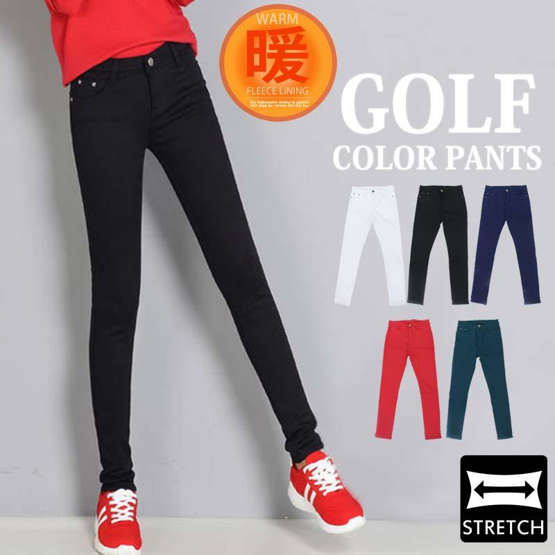 ゴルフパンツ レディース ゴルフウェア 裏起毛 ストレッチ 無地