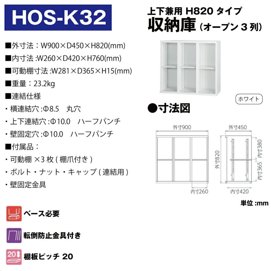 豊國工業 収納庫 オープン3列2段 ホワイト HOS-K32 重量23.2kgの画像