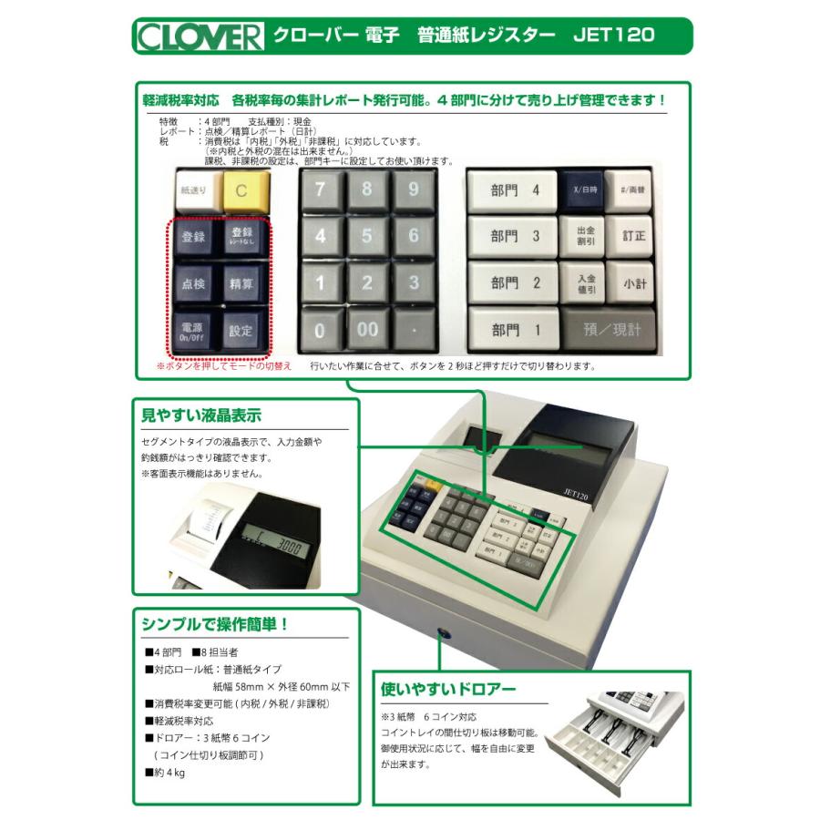 電子レジスター ロール紙付き クローバー電子 【店名・部門設定込み】レジスター JET-500Z 感熱紙