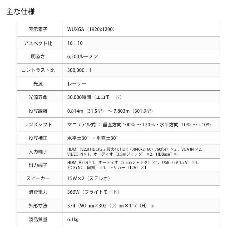 【軒先渡し】Optoma オプトマ 6200ルーメン WUXGA レーザーDLPプロジェクター AZU717Tの画像