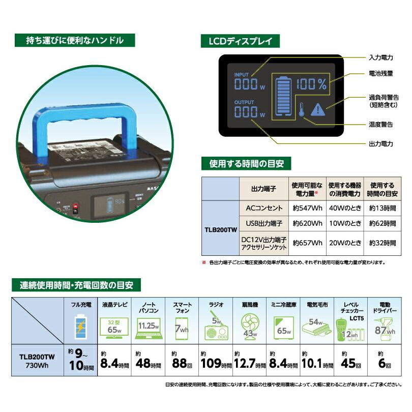 マスプロ電工 ポータブル電源TLB200大容量202,800mAh 730Wh