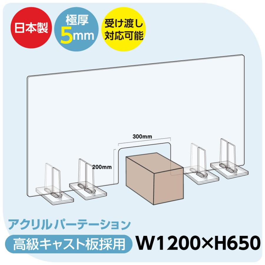 日本製 透明アクリルパーテーション 中華のおせち贈り物 W1200mm × H650mm 受け渡し窓あり W300mm 組立式 bap5-r12065-m30 間仕切り 特大足スタンド付き 受付 仕切り板 送料込 衝立