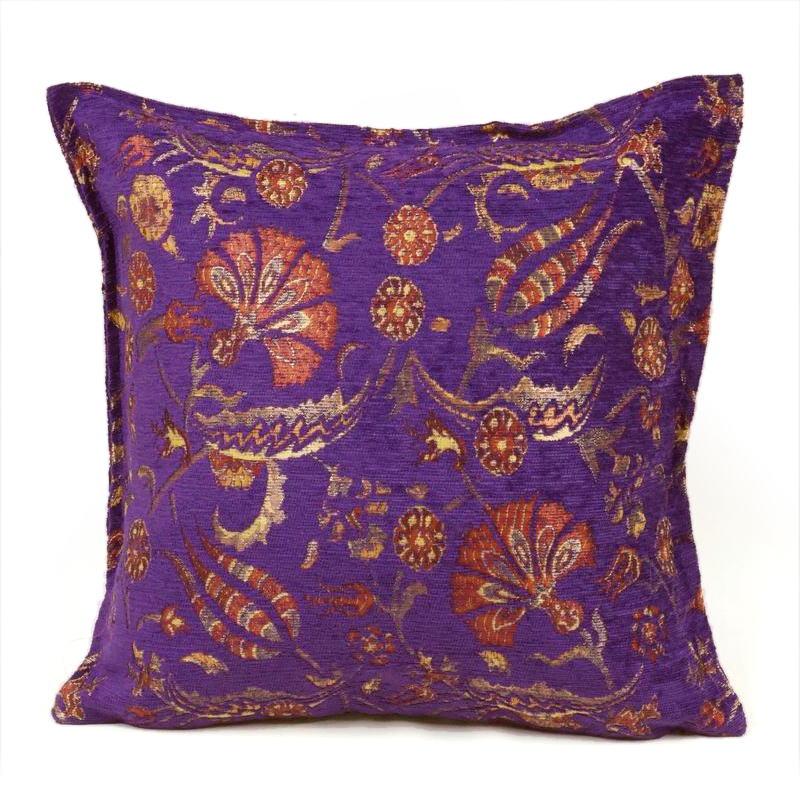 トルコ製 シェニールクッションカバー CC-LK2PP ラーレ＆カランフィル柄/パープル 40×40cm~45×45cm対応サイズ | 