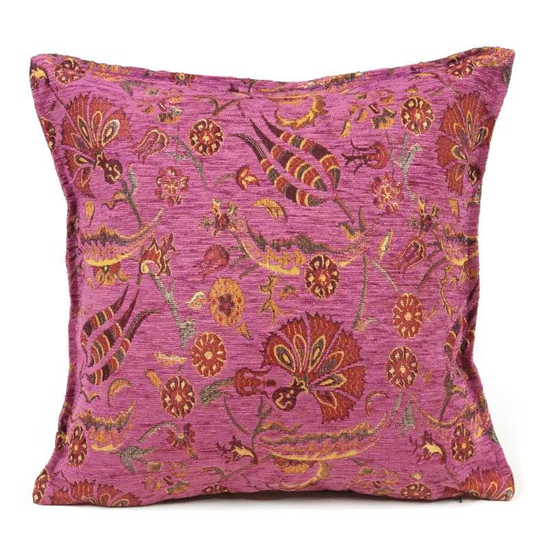 トルコ製 シェニールクッションカバー CC-LK2RB ラーレ＆カランフィル柄/ラズベリー 40×40cm~45×45cm対応サイズ | 