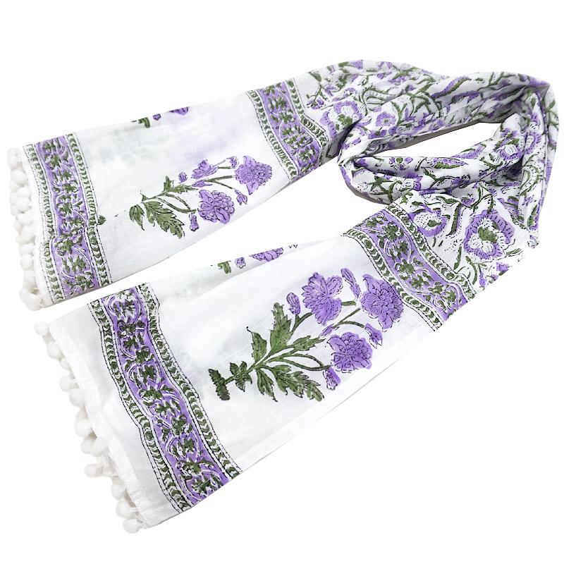 【メール便OK】ハンドブロックプリント コットンストール IBP-SCF002 ポンポンフリンジ/パープル | 