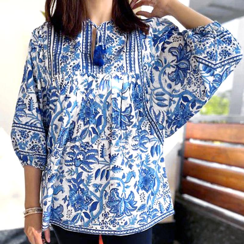 ハンドブロックプリント　ブラウス　JM-229BL　ドルマンスリーブ/ブルー | 