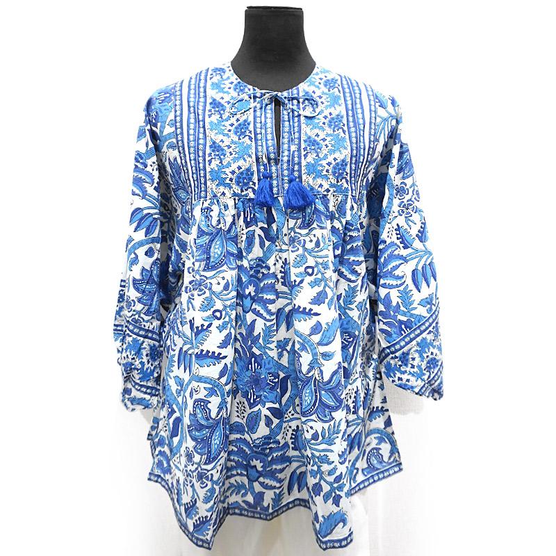 ハンドブロックプリント　ブラウス　JM-229BL　ドルマンスリーブ/ブルー |  | 01