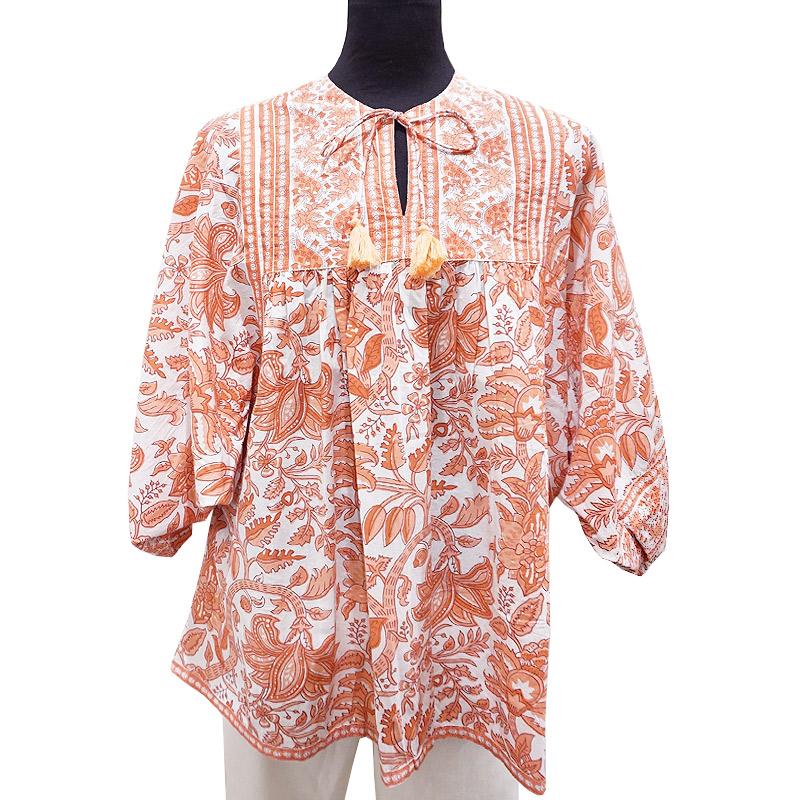 ハンドブロックプリント　ブラウス　JM-229RD　ドルマンスリーブ/コーラル |  | 02