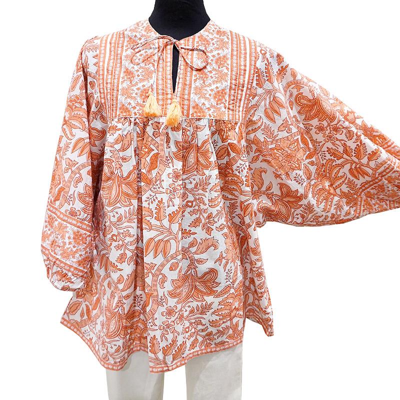 ハンドブロックプリント　ブラウス　JM-229RD　ドルマンスリーブ/コーラル |  | 05