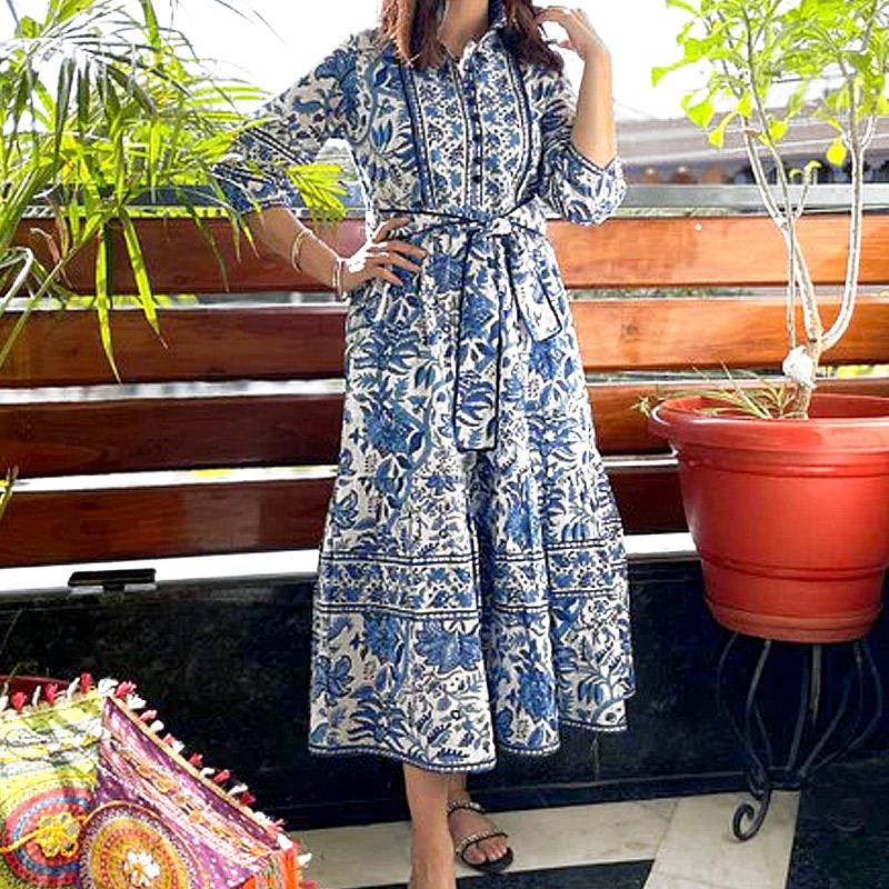 ハンドブロックプリント　ワンピース　JM-233BL　ウエストリボン/ブルー | 