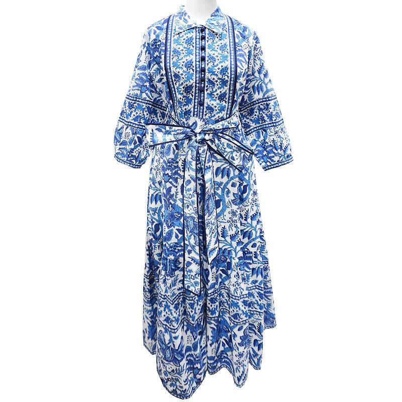 ハンドブロックプリント　ワンピース　JM-233BL　ウエストリボン/ブルー |  | 01