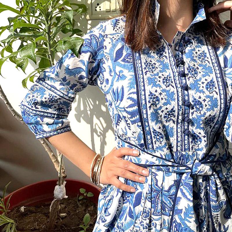 ハンドブロックプリント　ワンピース　JM-233BL　ウエストリボン/ブルー |  | 09