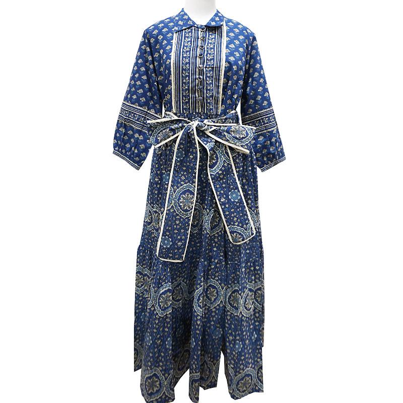 ハンドブロックプリント　ワンピース　JM-233DB　ウエストリボン/ダークブルー |  | 01