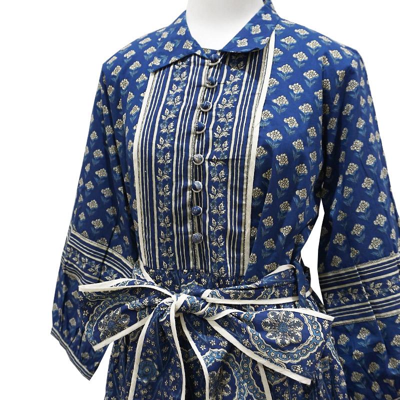 ハンドブロックプリント　ワンピース　JM-233DB　ウエストリボン/ダークブルー |  | 02