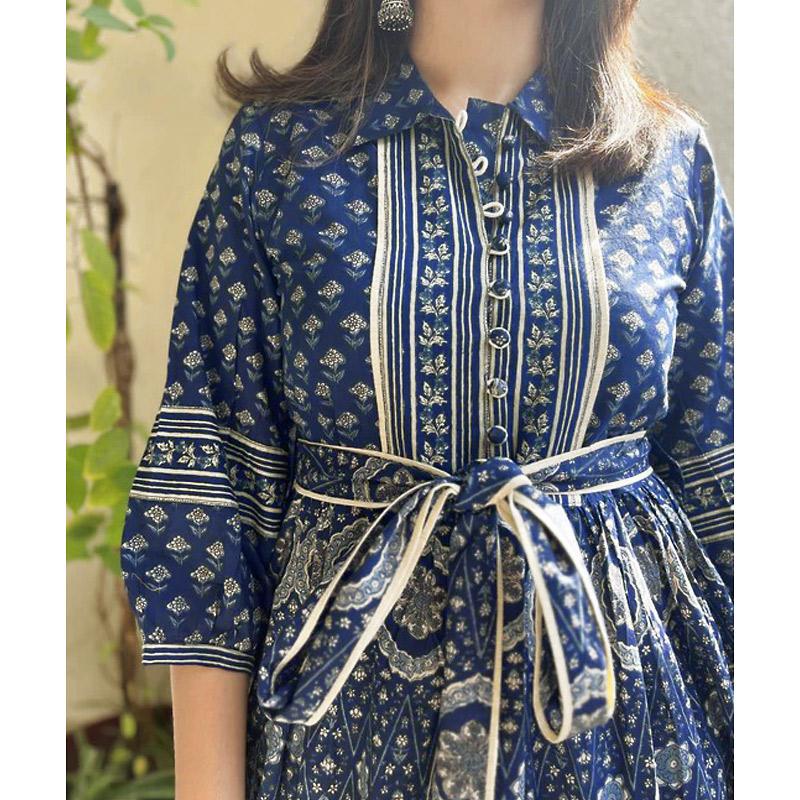 ハンドブロックプリント　ワンピース　JM-233DB　ウエストリボン/ダークブルー |  | 09