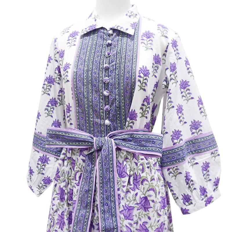 ハンドブロックプリント　ワンピース　JM-233PP　ウエストリボン/パープル |  | 02