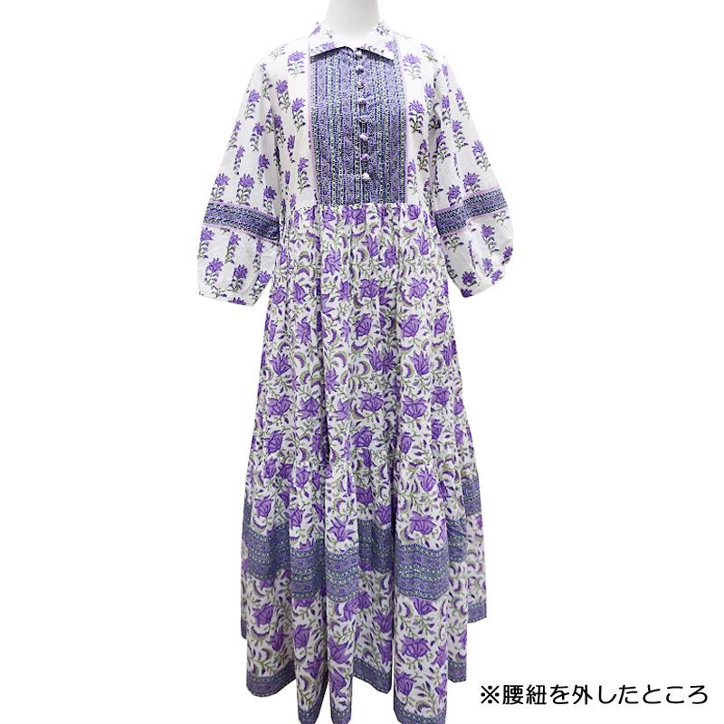 ハンドブロックプリント　ワンピース　JM-233PP　ウエストリボン/パープル |  | 05