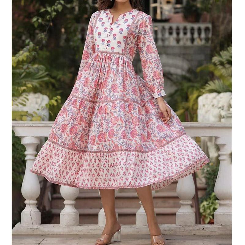 ハンドブロックプリント　ワンピース　JM-237　コーラルピンク×ホワイト | 