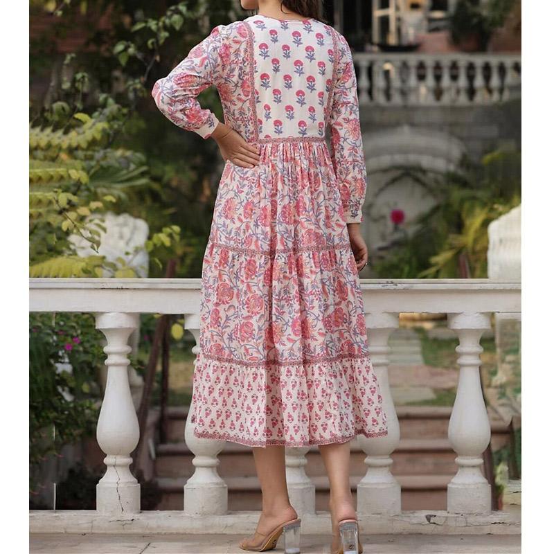 ハンドブロックプリント　ワンピース　JM-237　コーラルピンク×ホワイト |  | 01