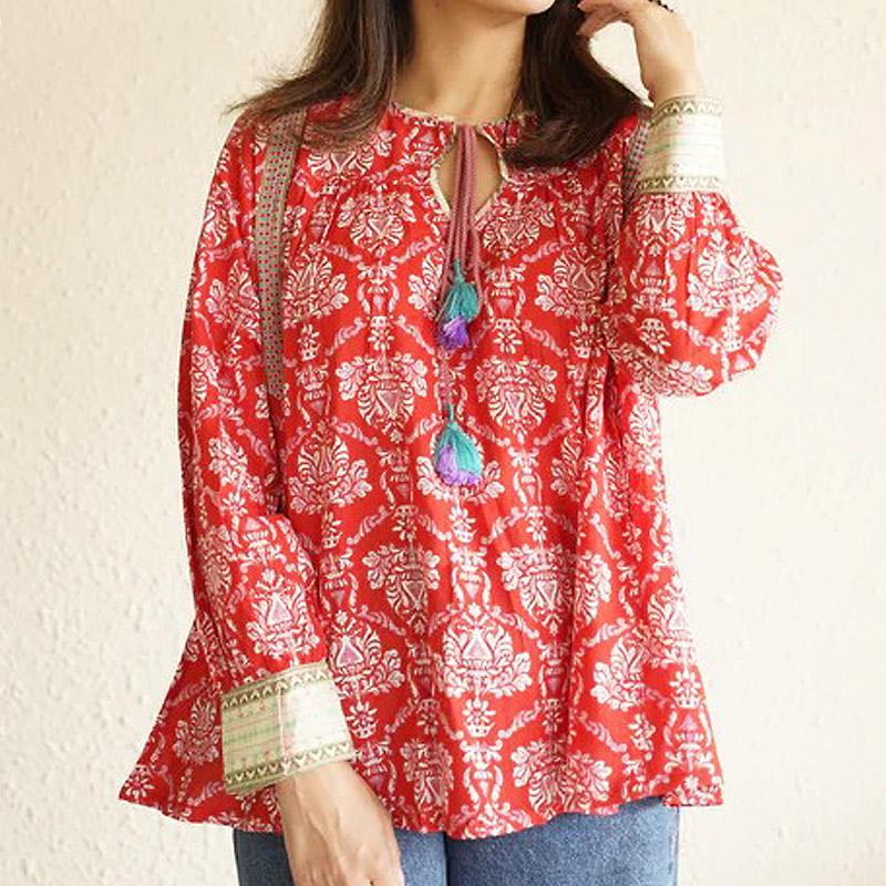 ハンドブロックプリント　ブラウス　JM-241RD　長袖/レッド | 